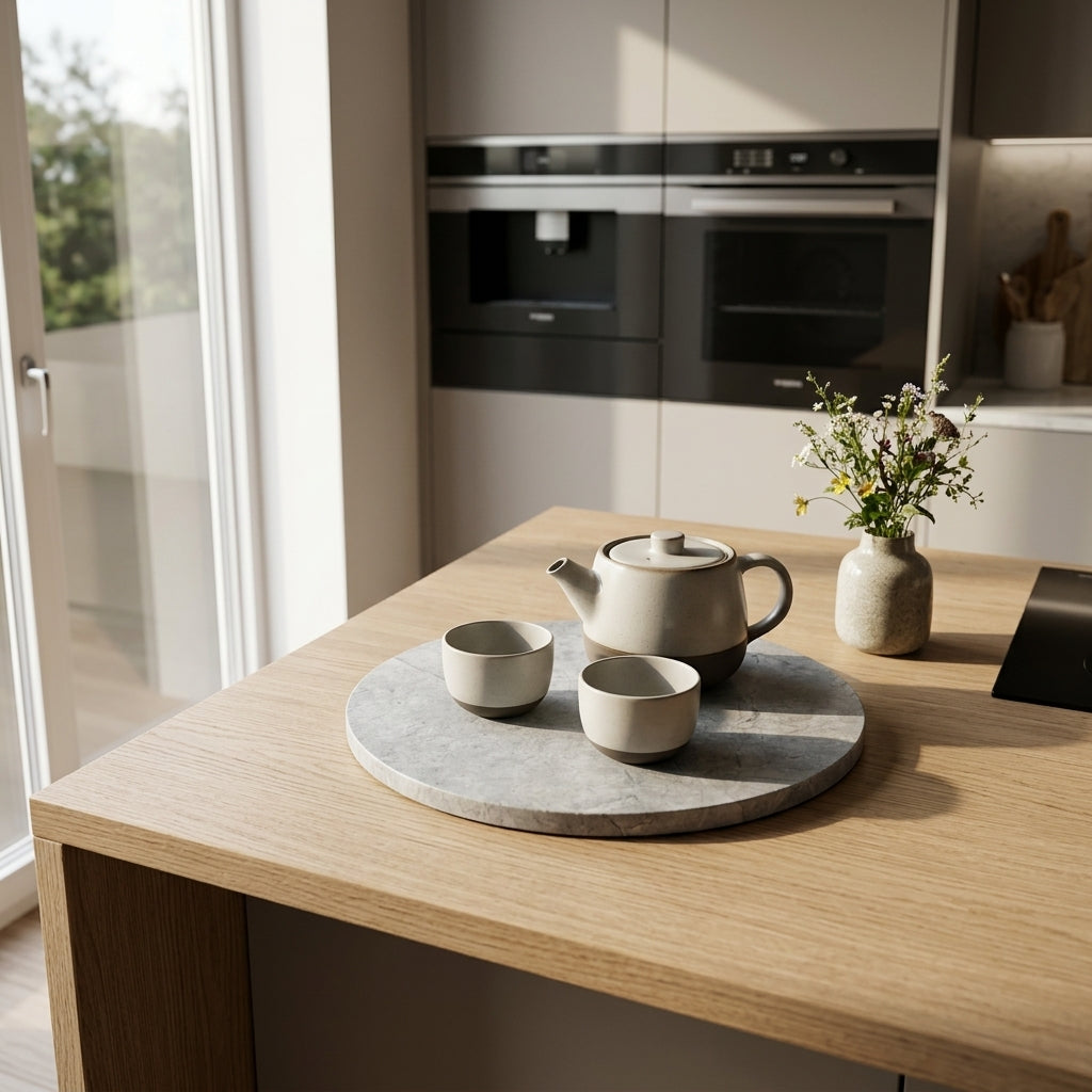 Tea set on a marble tray with a vase of flowers on a kitchen counter.