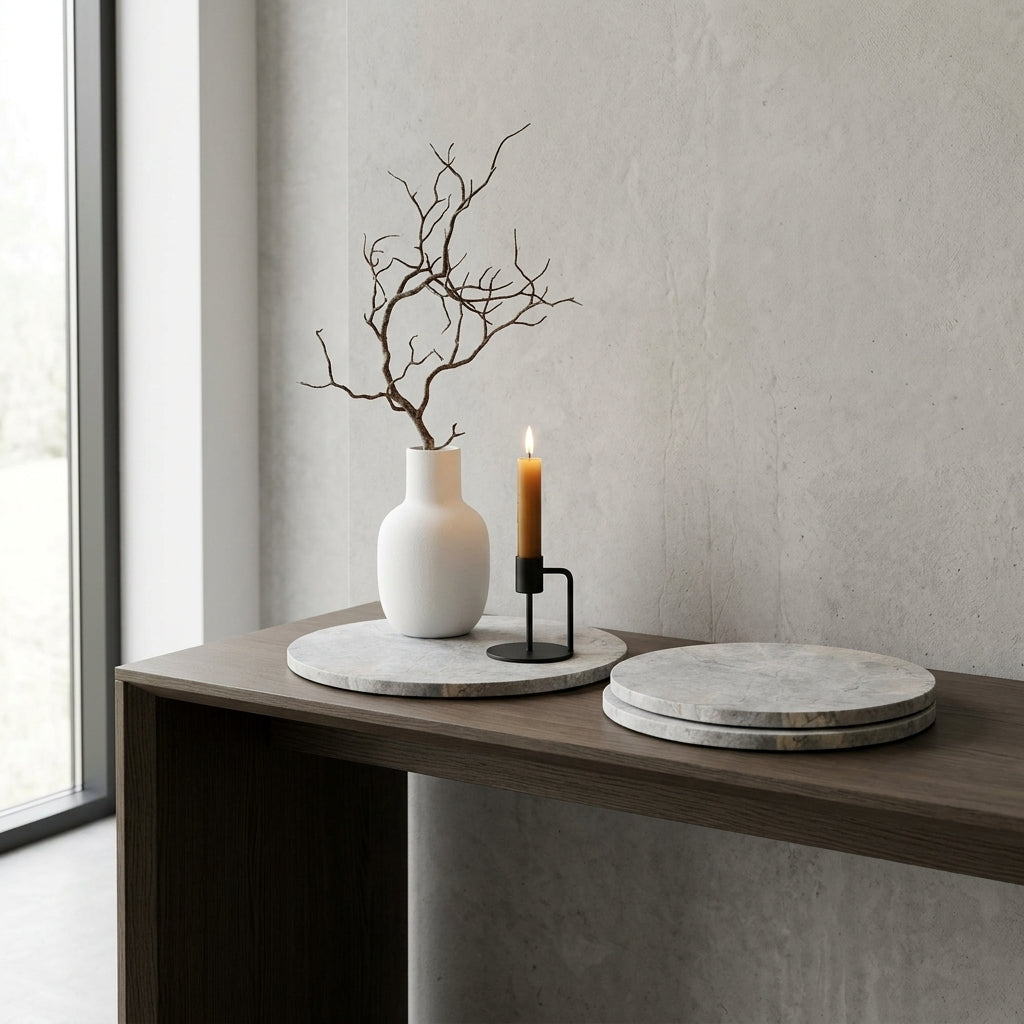 Decorative setup on a wooden console table with a vase, candle, and branches against a light wall.