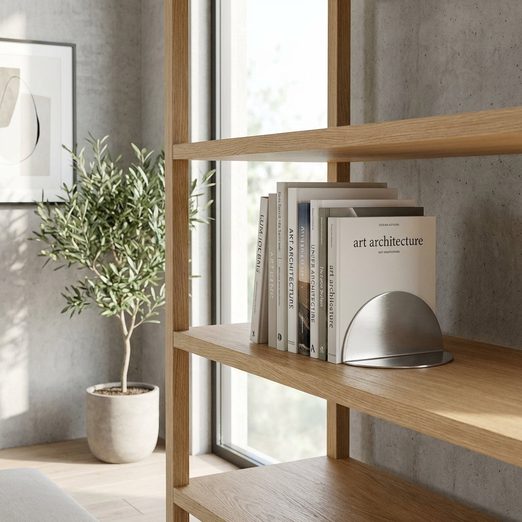Bookends with books and a plant in a modern interior setting