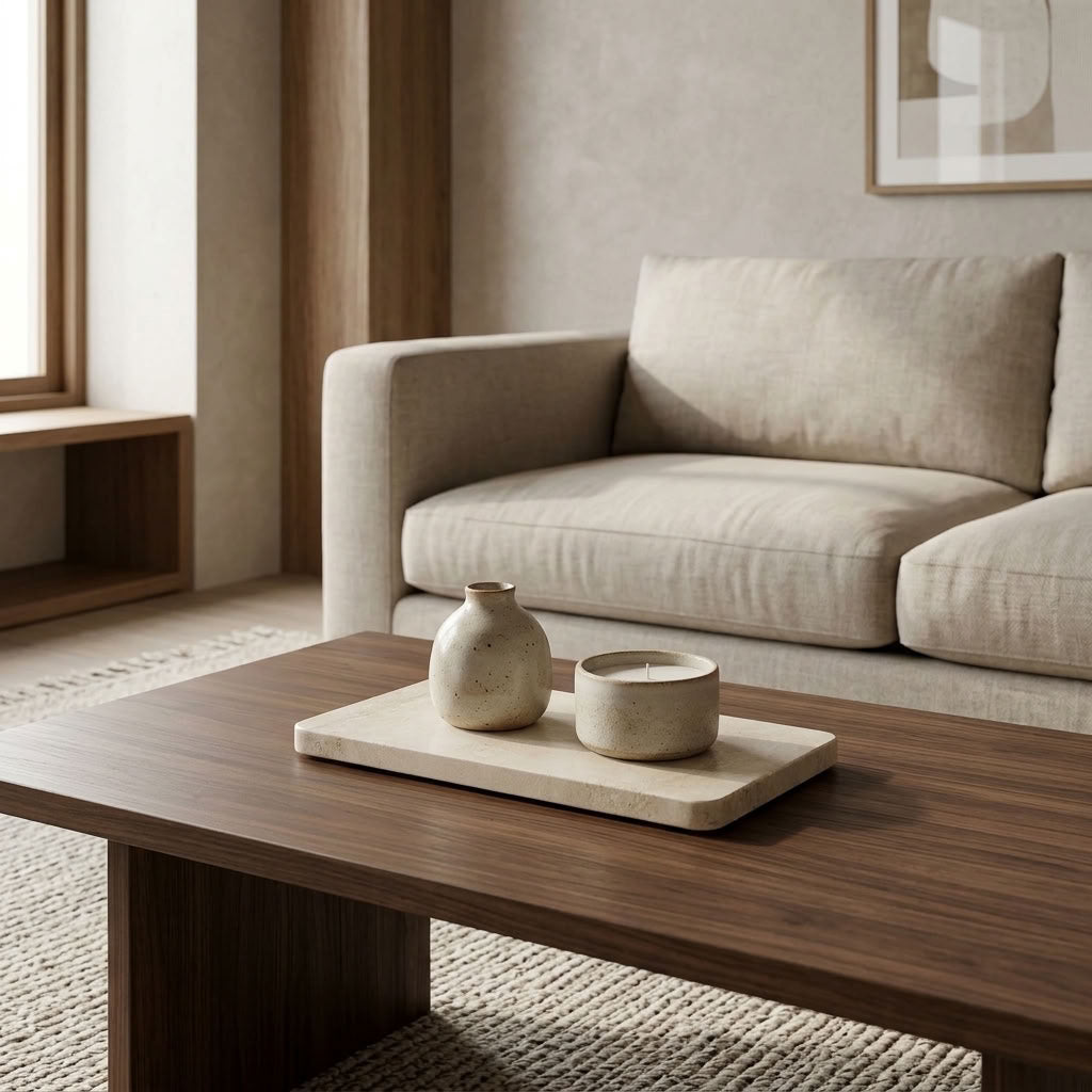 RECTANGLE STONE TRAY | Travertine (filled)
