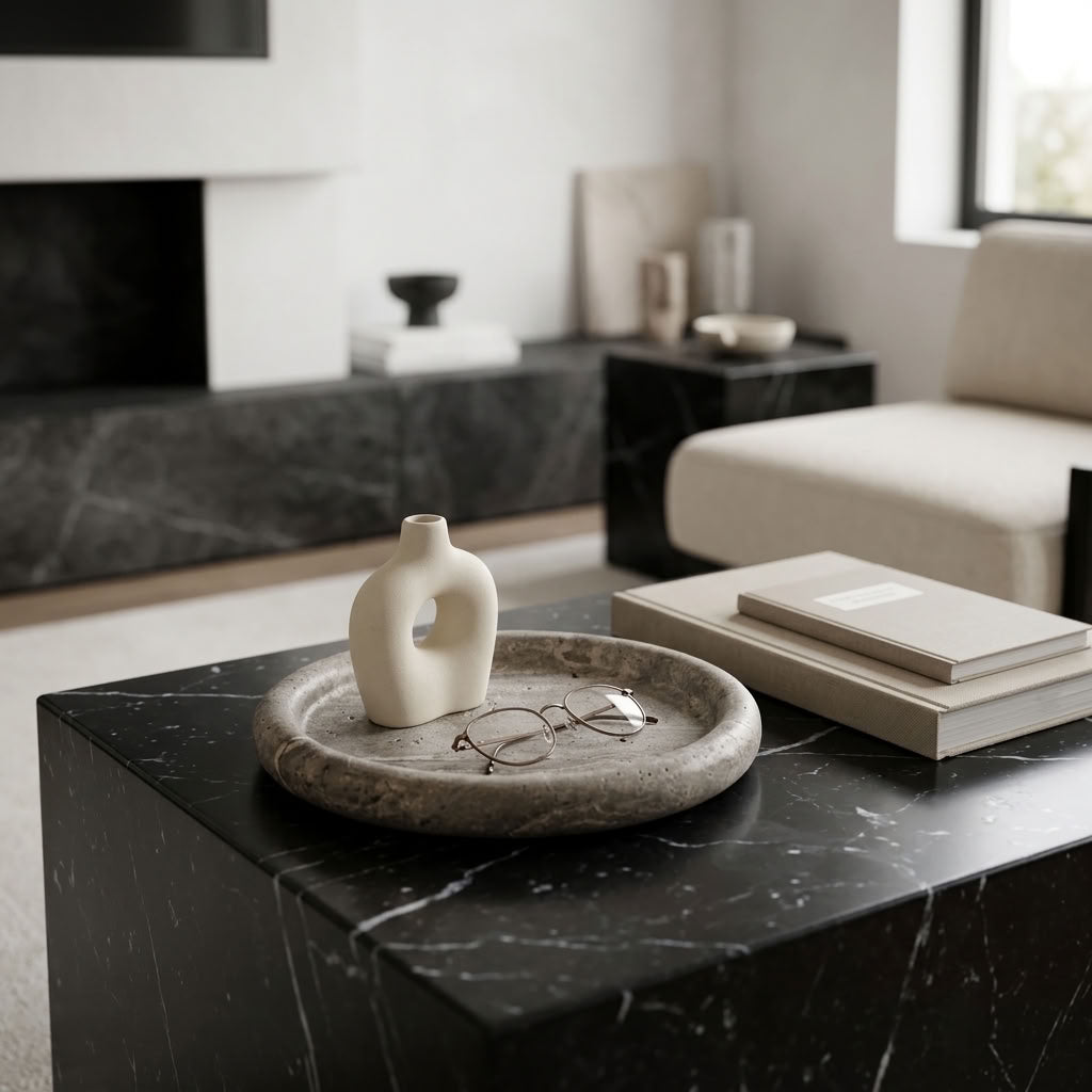 ROUND STONE TRAY | Silver Travertine