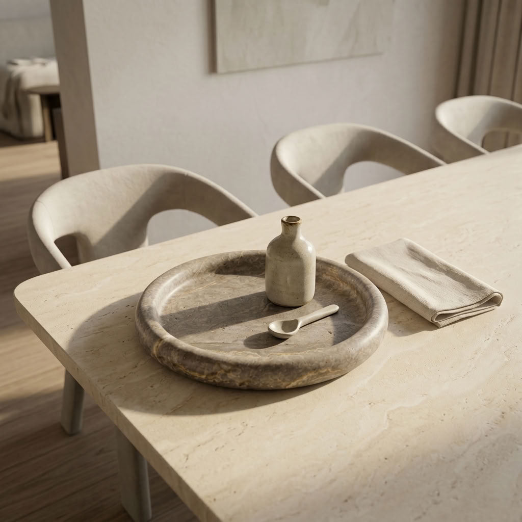 ROUND STONE TRAY | Silver Travertine