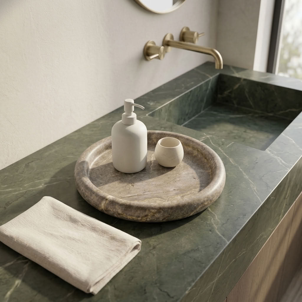 ROUND STONE TRAY | Silver Travertine