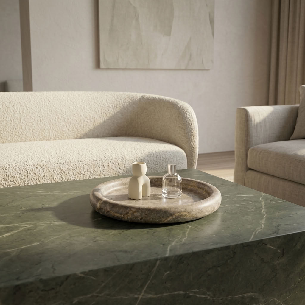 ROUND STONE TRAY | Silver Travertine