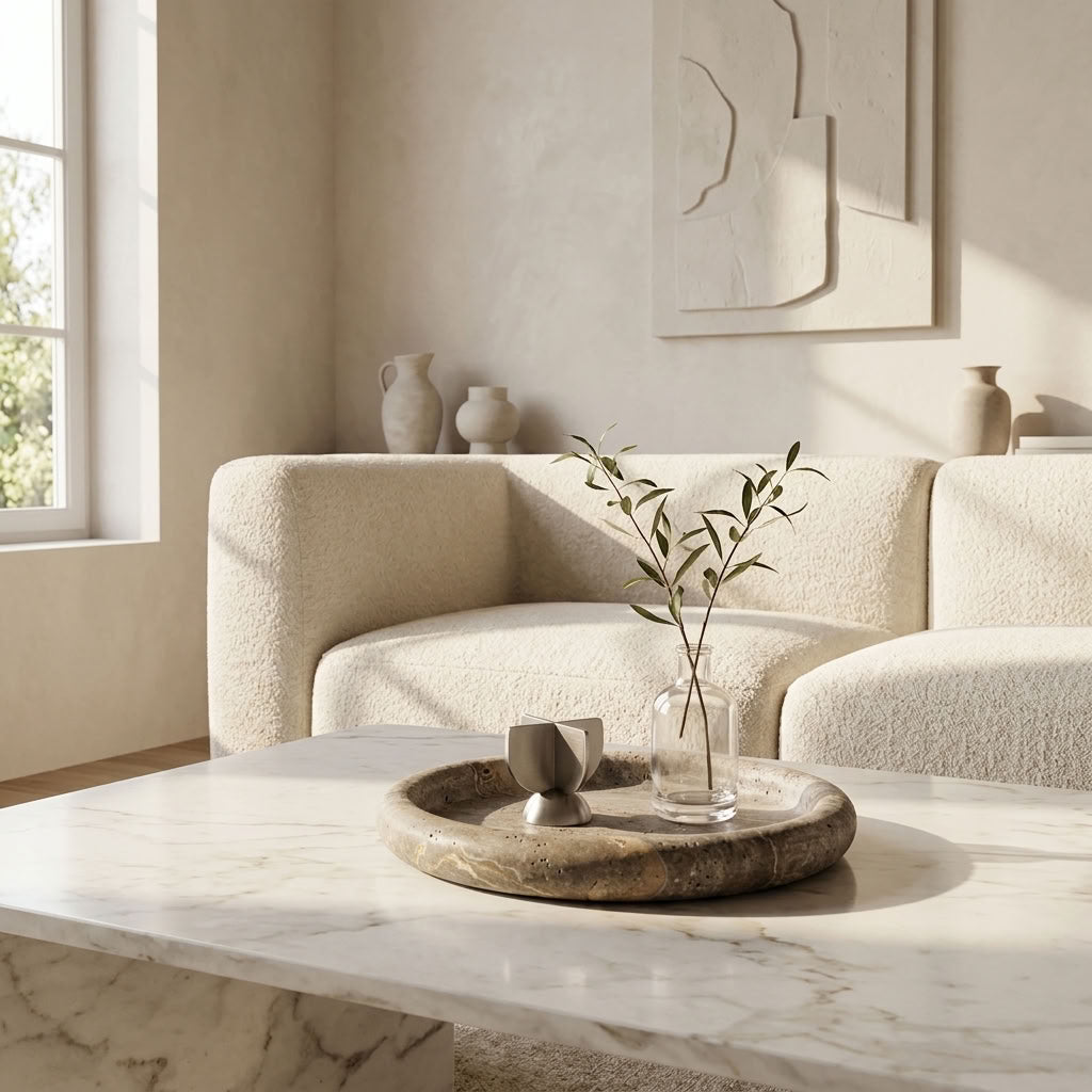 ROUND STONE TRAY | Silver Travertine