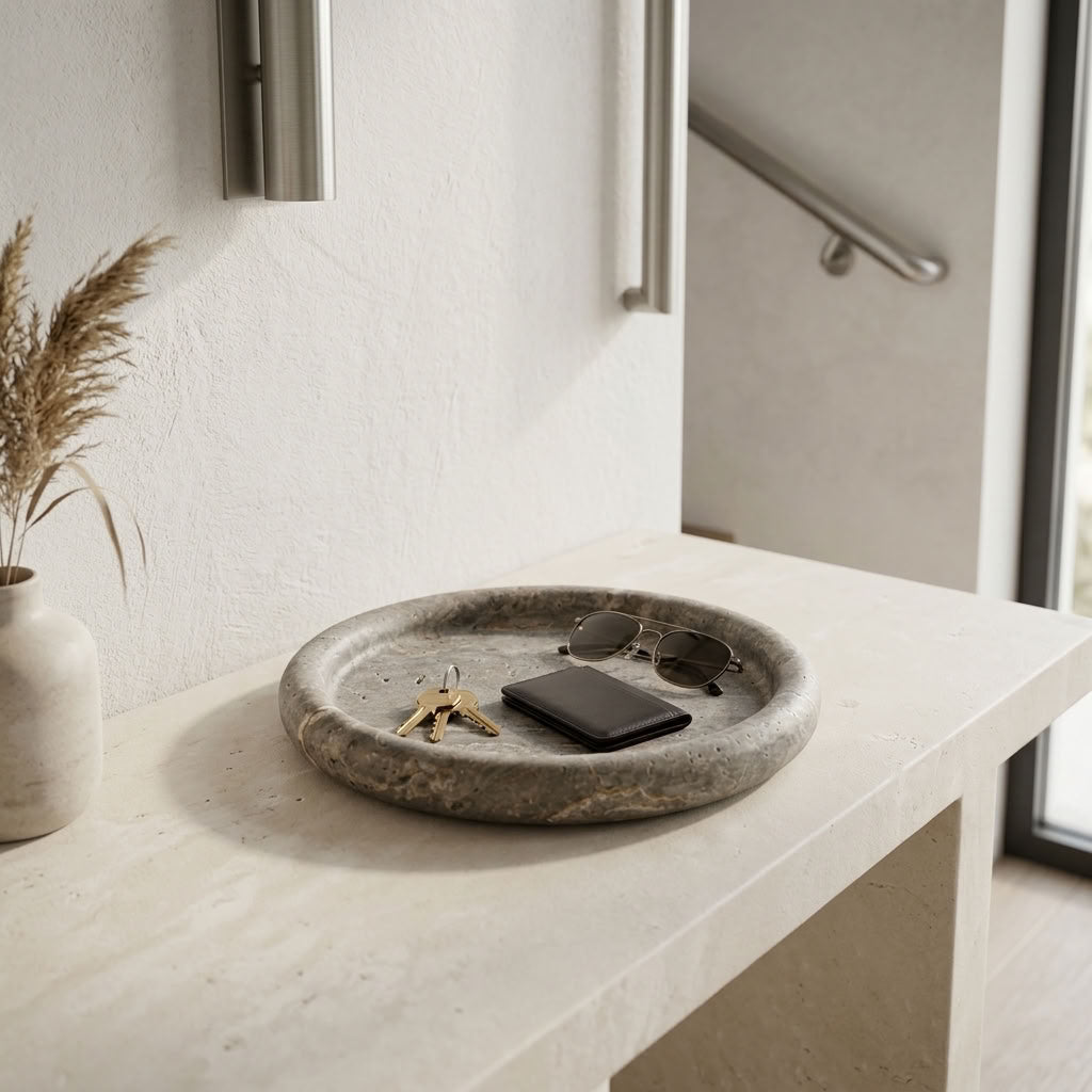 ROUND STONE TRAY | Silver Travertine
