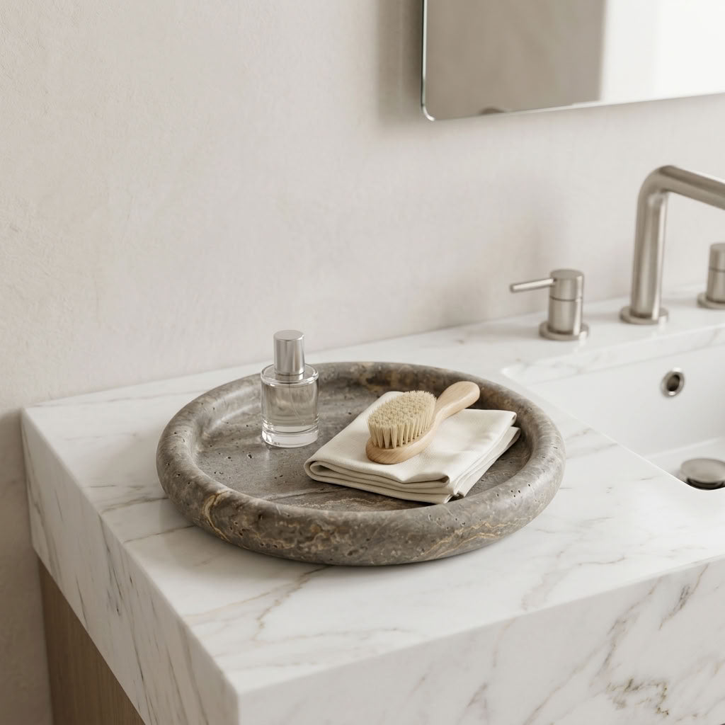 ROUND STONE TRAY | Silver Travertine