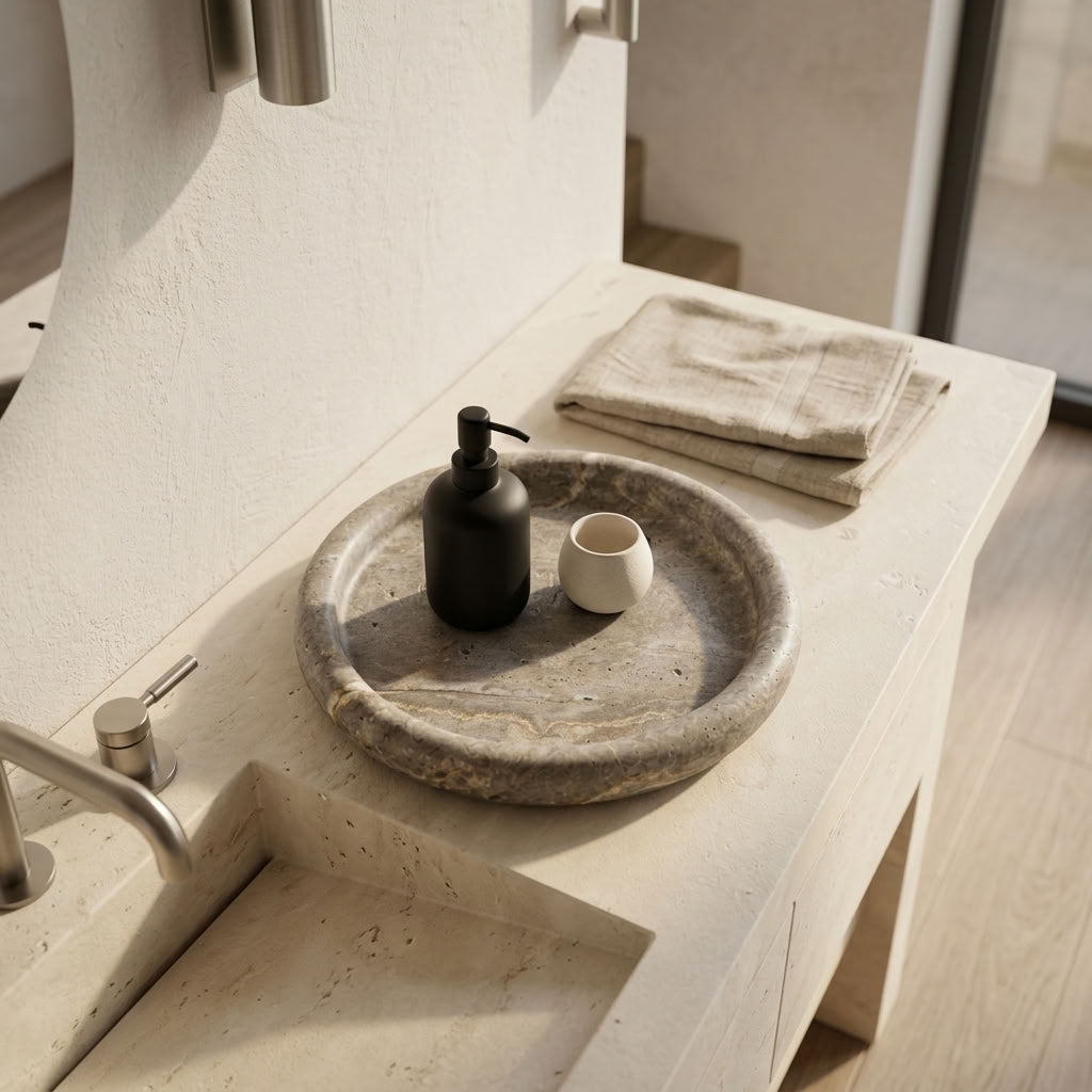 ROUND STONE TRAY | Silver Travertine