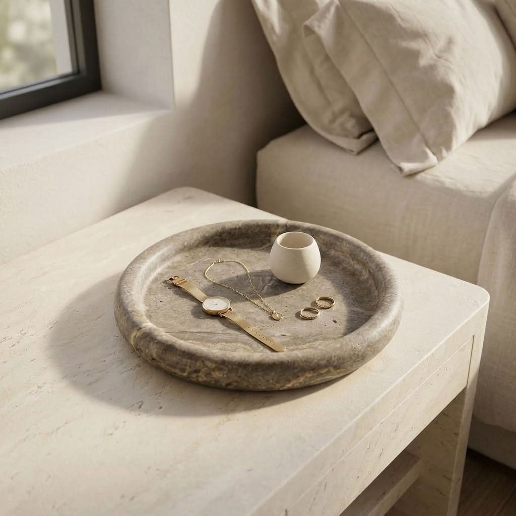 ROUND STONE TRAY | Silver Travertine