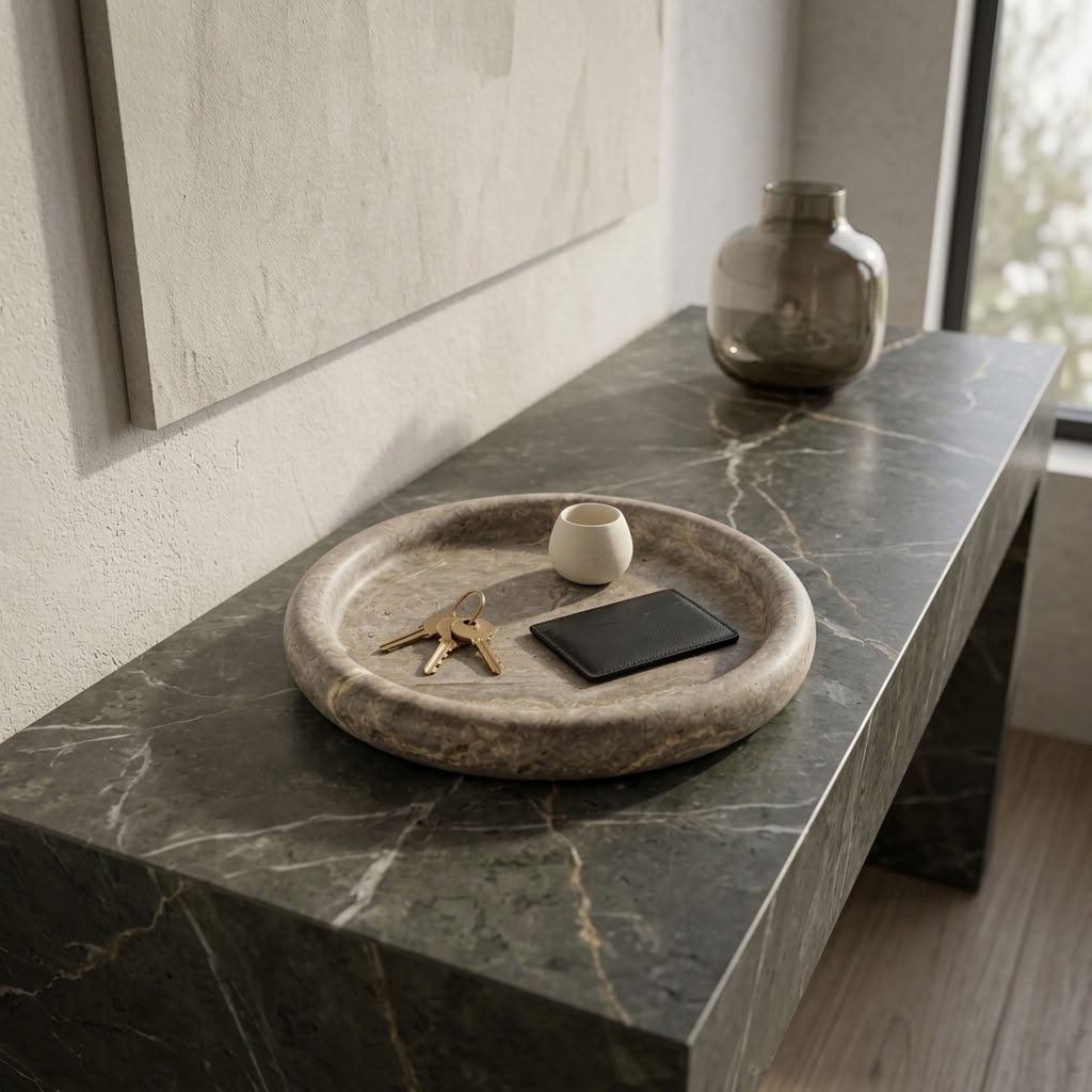 ROUND STONE TRAY | Silver Travertine