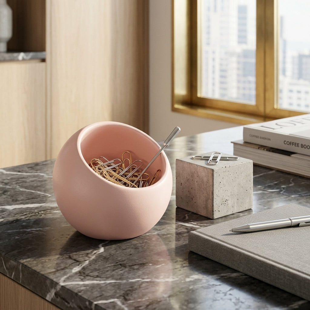 Pink paper clip holder on a marble desk with books and a pen