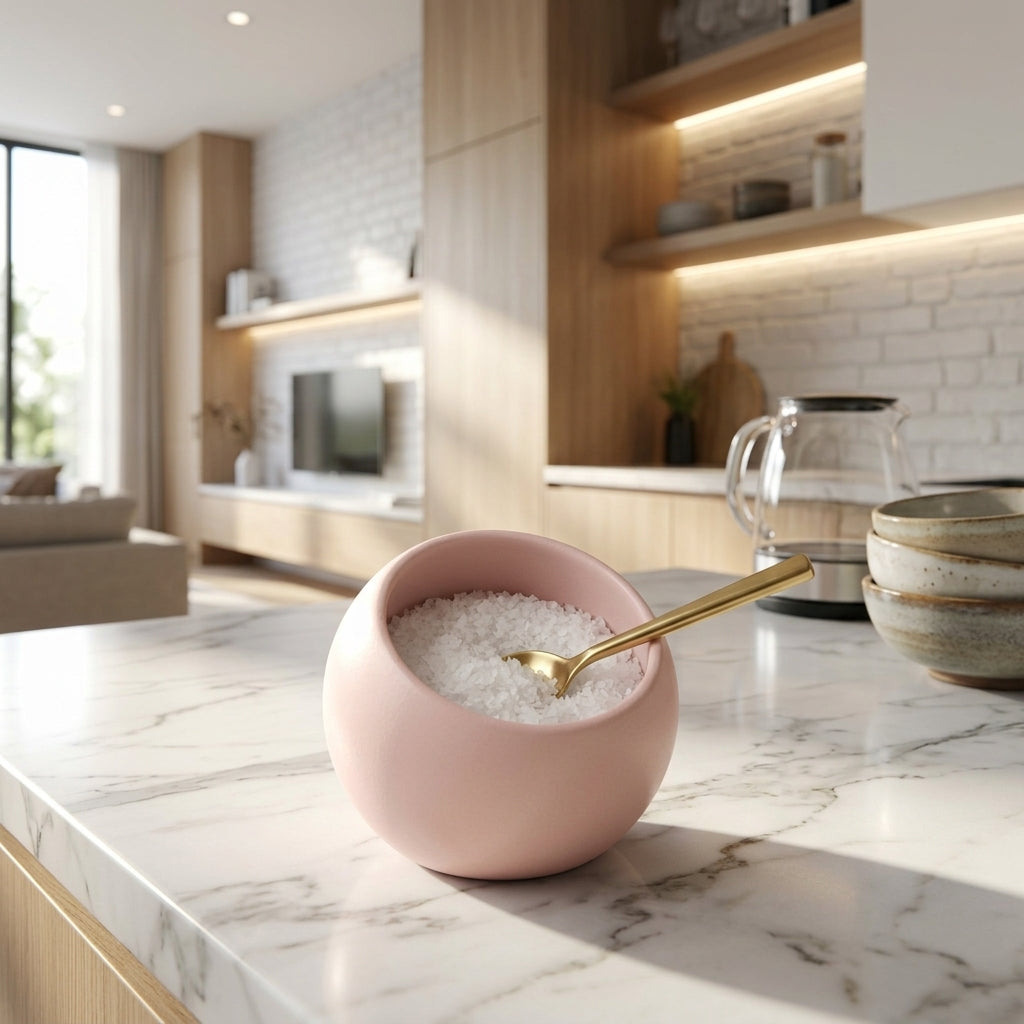 Pink salt cellar with gold spoon on a marble kitchen counter