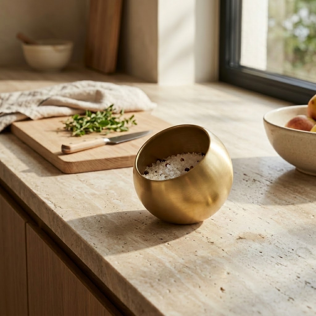 Gold bowl on a kitchen counter with natural light