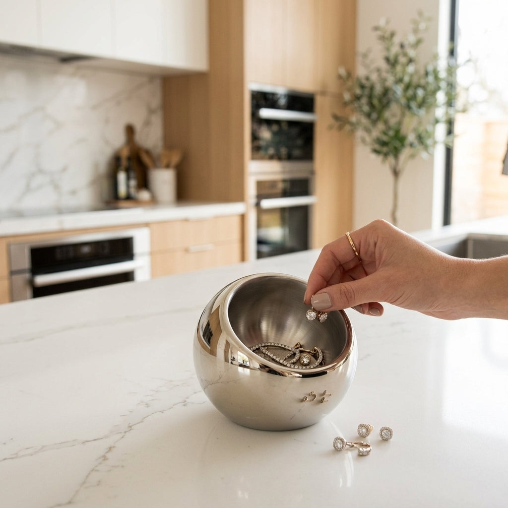Person placing earrings into a metallic sphere on a kitchen counter