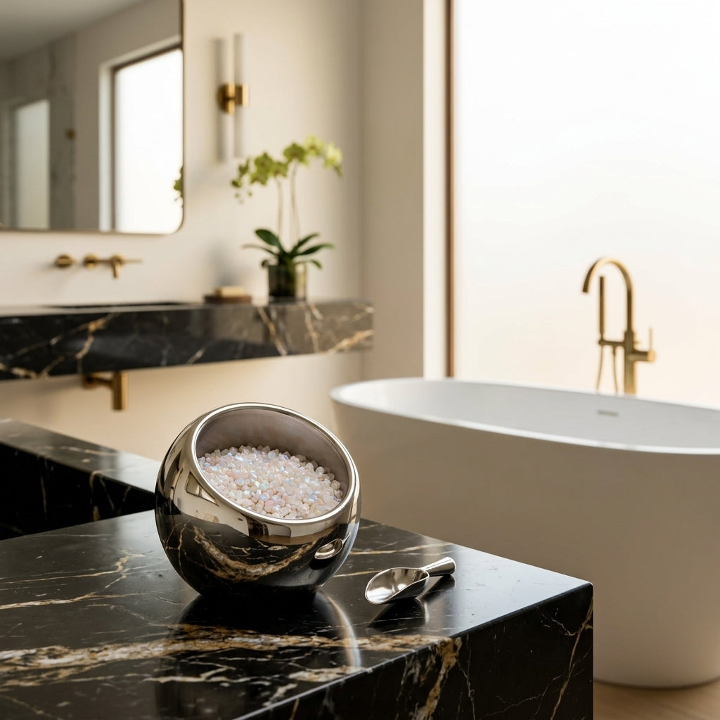 Bathroom scene with a bowl of bath salts in a salt holder on a marble counter, a bathtub, and a mirror.