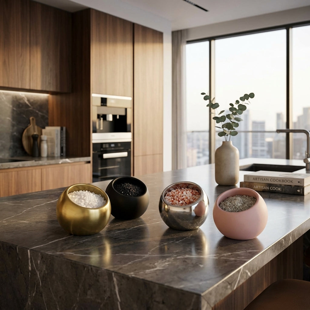 Modern kitchen with various bowls on a marble countertop