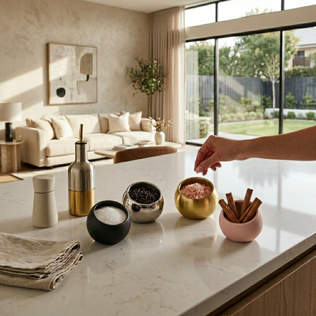 Modern kitchen counter with decorative items and a hand reaching out