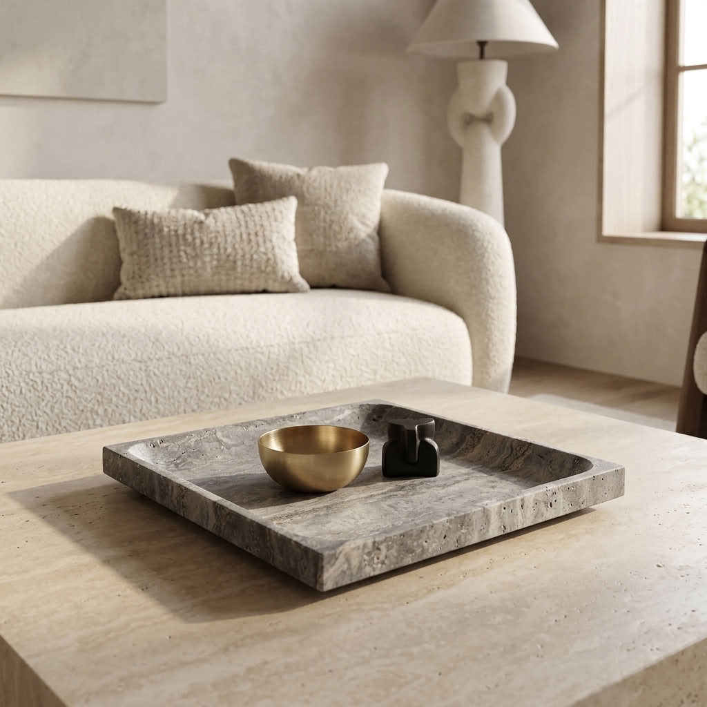 SQUARE STONE TRAY | Silver Travertine