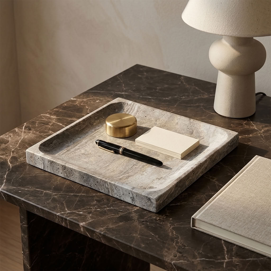 SQUARE STONE TRAY | Silver Travertine