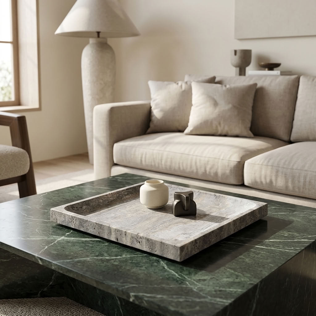 SQUARE STONE TRAY | Silver Travertine