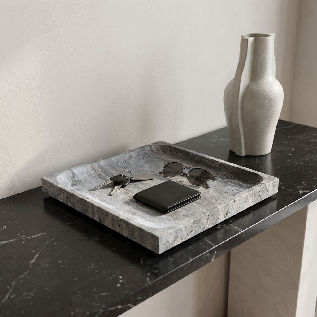SQUARE STONE TRAY | Silver Travertine