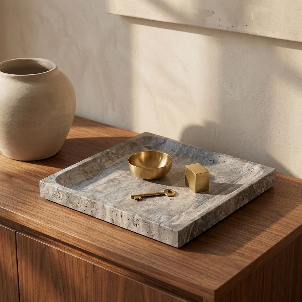 SQUARE STONE TRAY | Silver Travertine