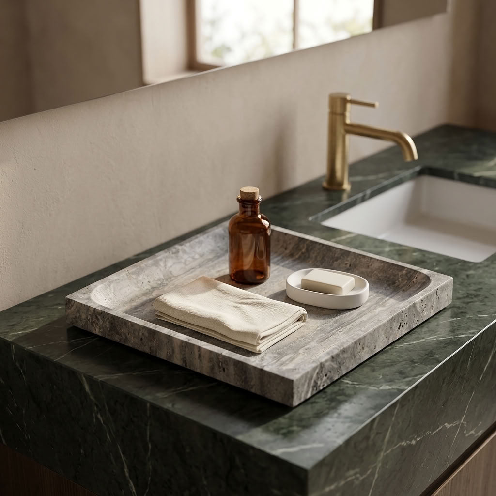 SQUARE STONE TRAY | Silver Travertine