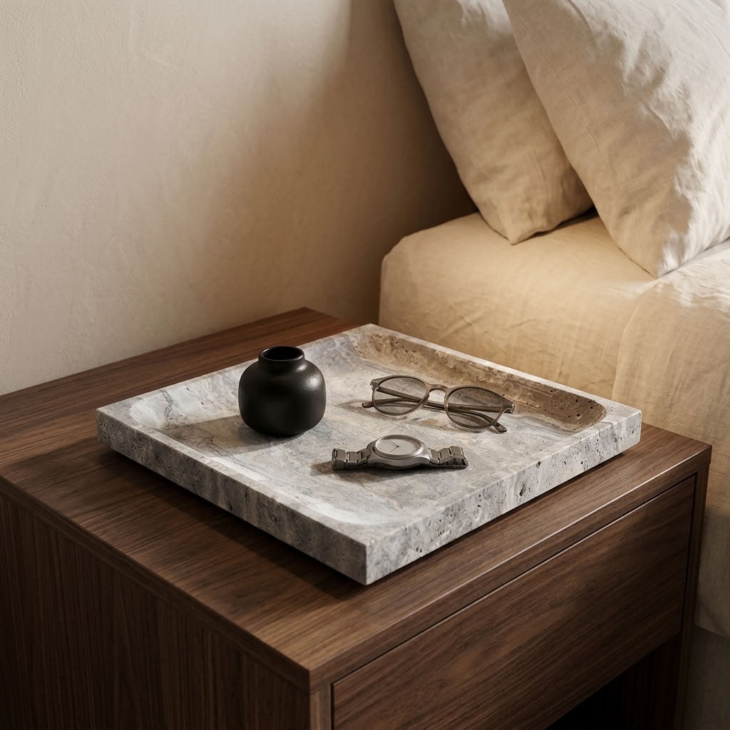 SQUARE STONE TRAY | Silver Travertine
