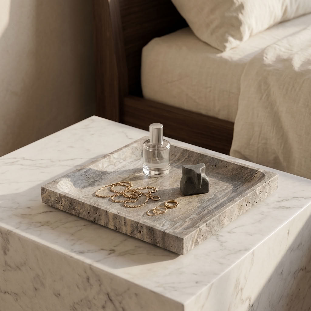 SQUARE STONE TRAY | Silver Travertine