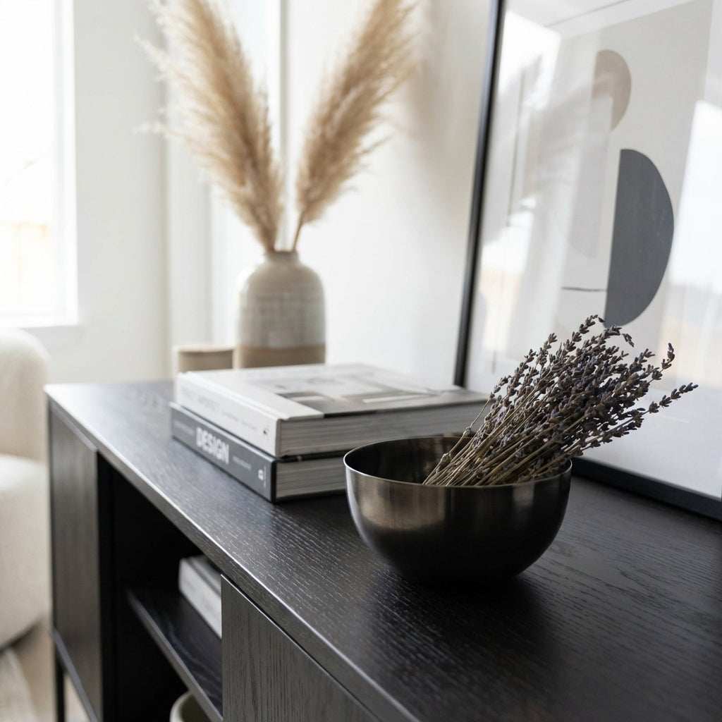 Decorative setup on a dark wooden surface with a bowl of lavender, books, and a vase.