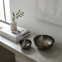 Two metallic bowls on a concrete surface with books and a vase in the background.