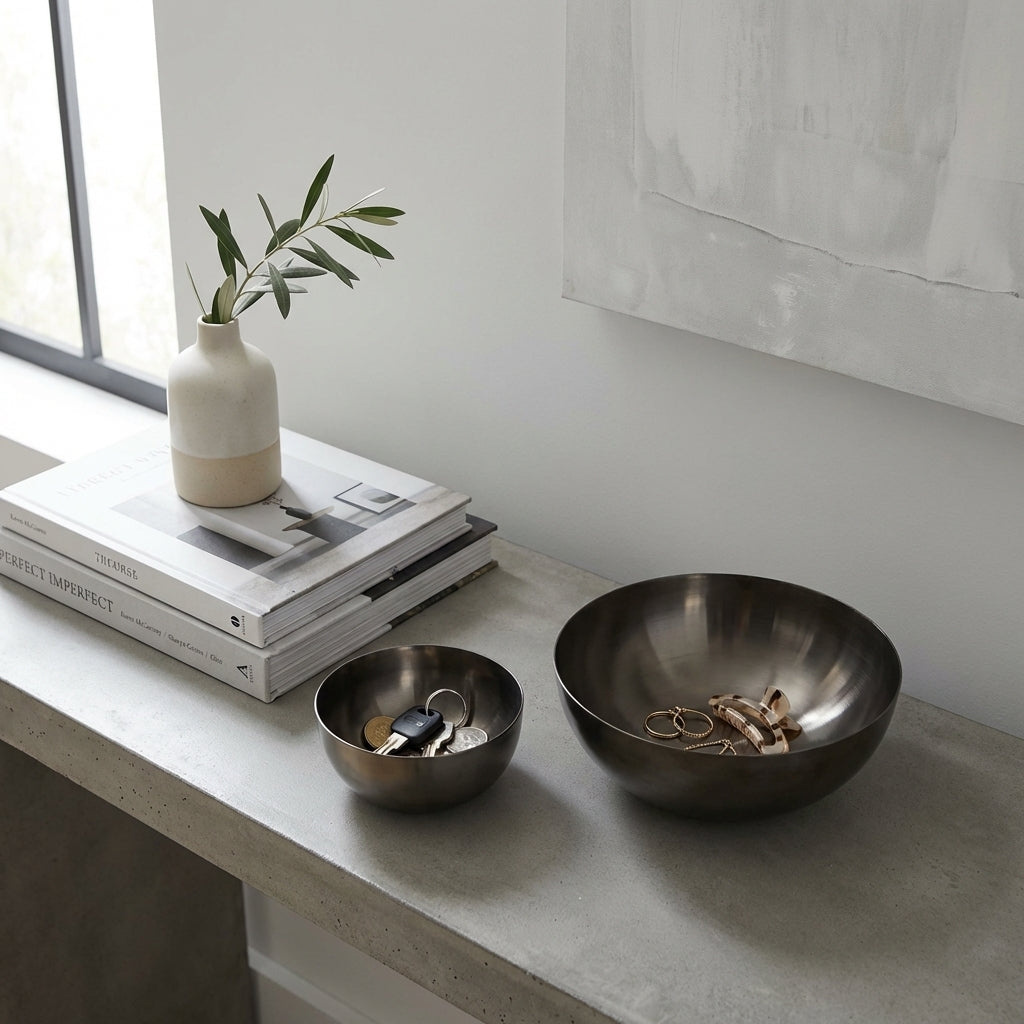 Two metallic bowls on a concrete surface with books and a vase in the background.