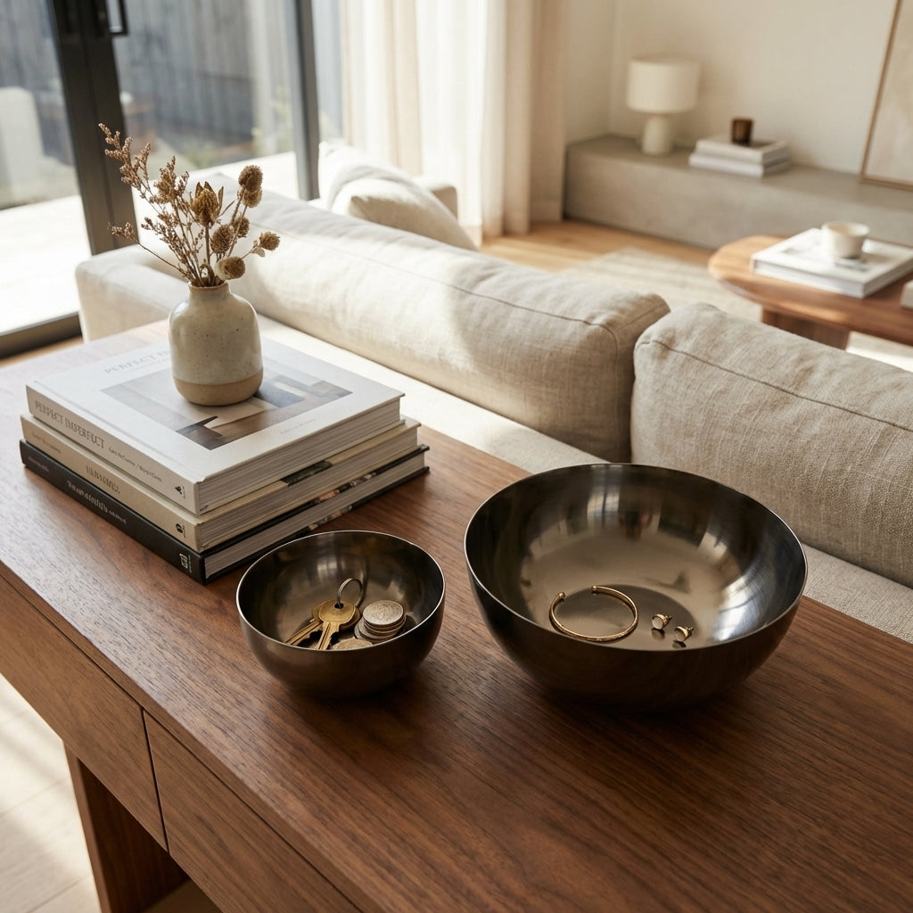 Two metallic bowls on a wooden coffee table in a living room.