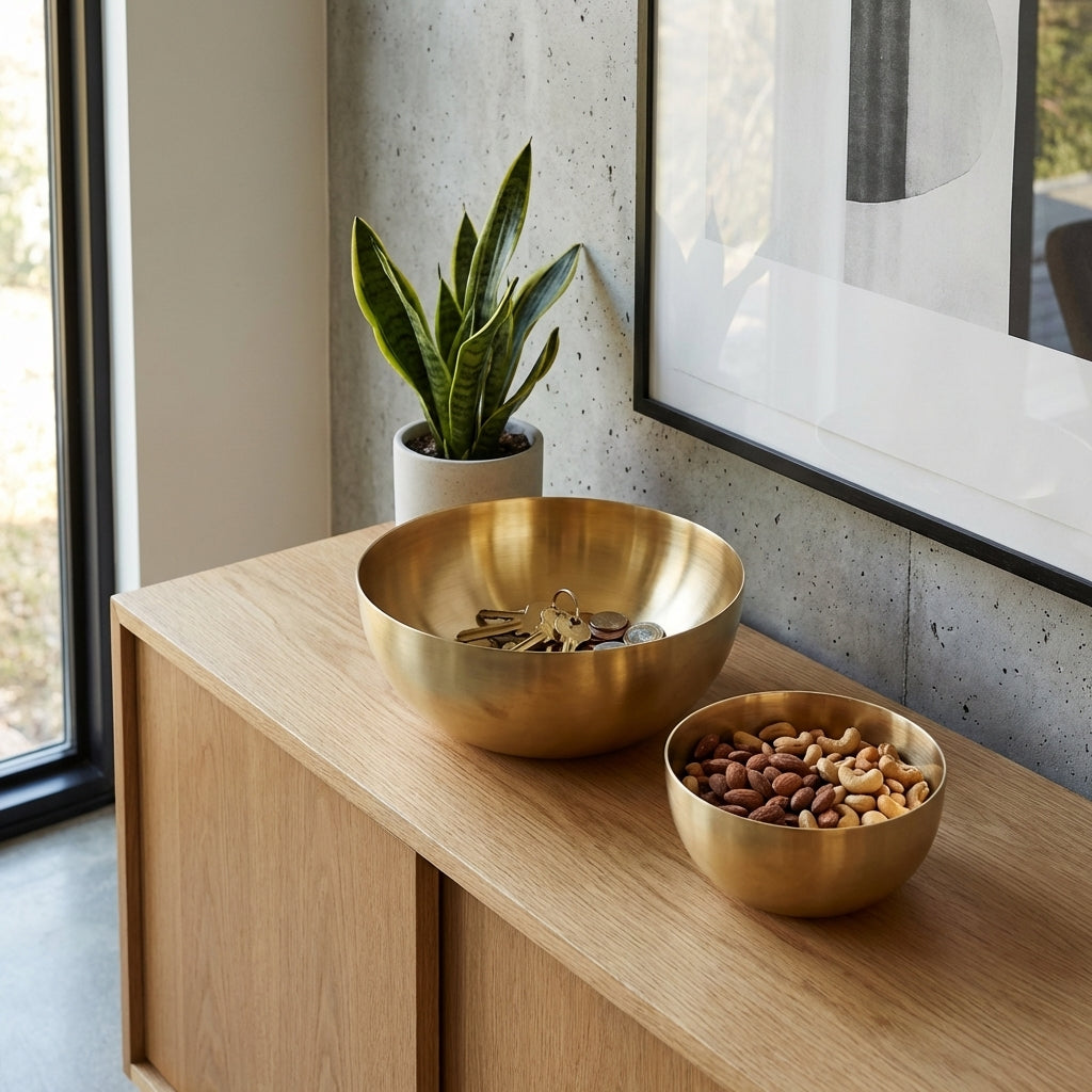 Two gold bowls on a wooden surface with a plant in the background