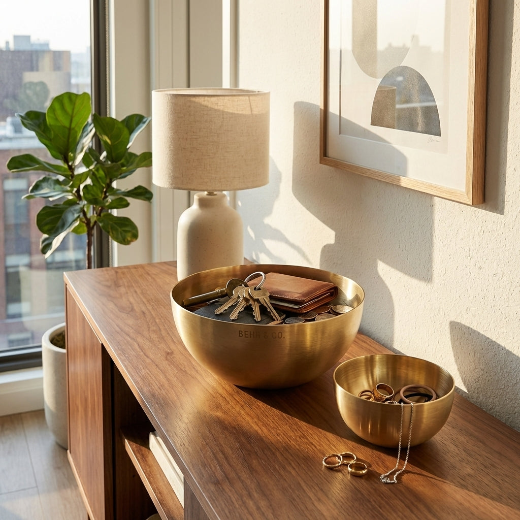 Wooden console table with brass bowls, lamp, and plant in a bright room.