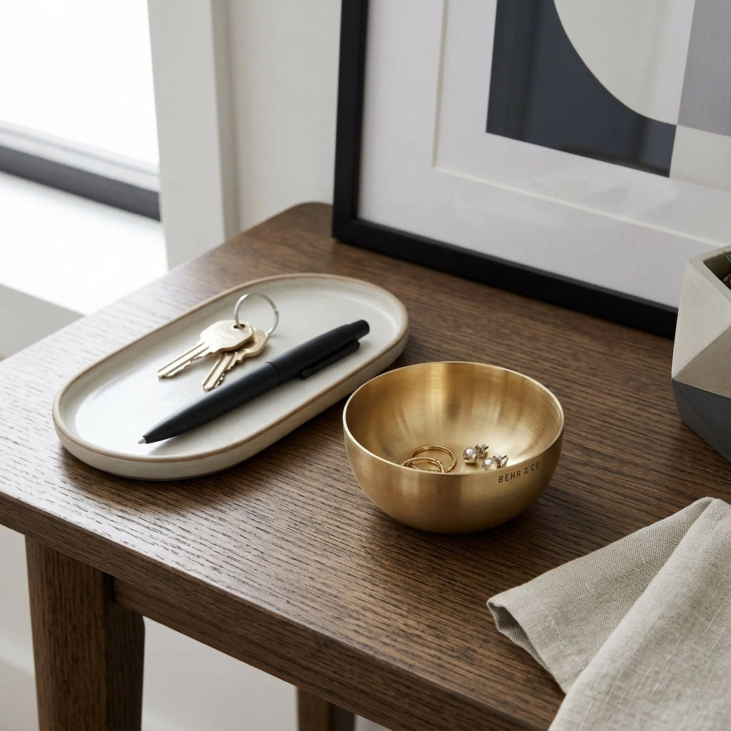 Jewelry in a small brass bowl and pen on a wooden surface next to a gold bowl
