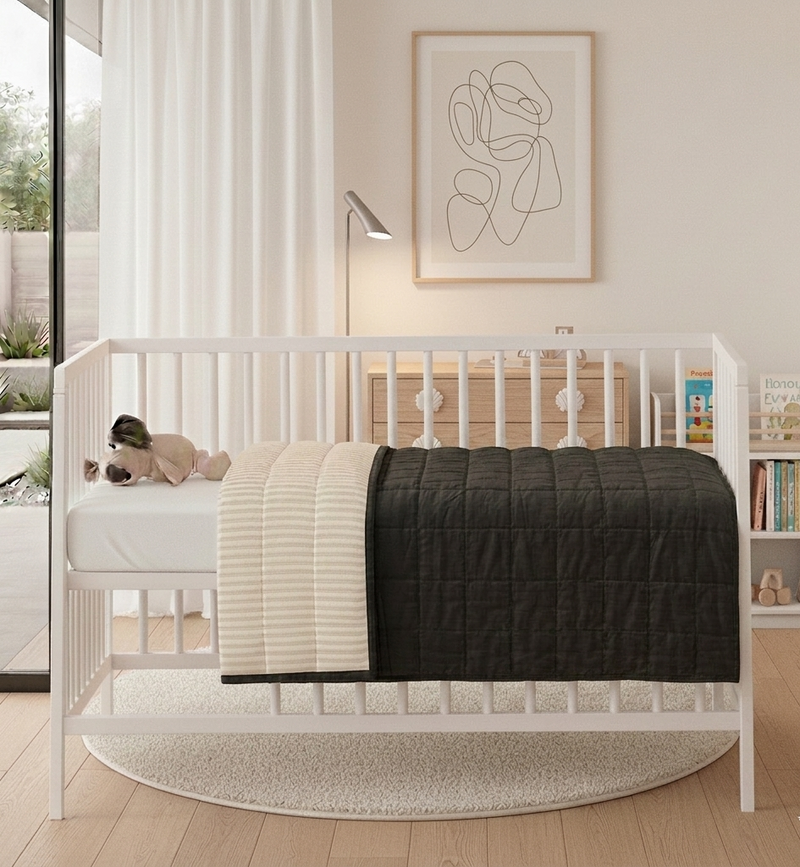 STONEWASHED LINEN BABY/COT QUILT | 120*100 Coal + Stripe - Shop premium Home Decor for modern interiors - premium homewares - luxury home decor online