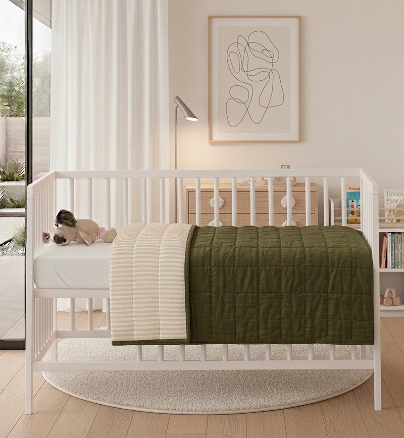 STONEWASHED LINEN BABY/COT QUILT | 120*100 Olive + Stripe - Shop premium Home Decor for modern interiors - premium homewares - luxury home decor online