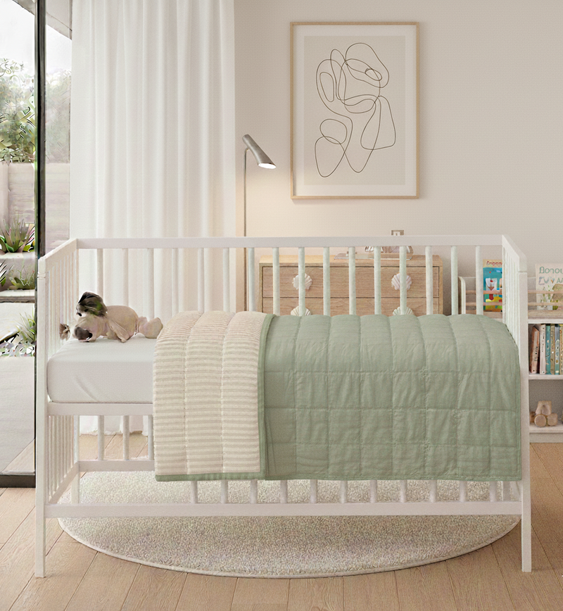 STONEWASHED LINEN BABY/COT QUILT | 120*100 Sage + Stripe - Shop premium Home Decor for modern interiors - premium homewares - luxury home decor online