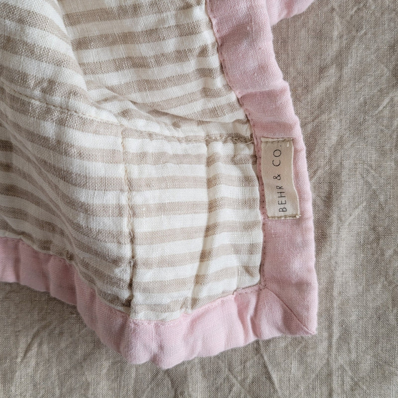 STONEWASHED LINEN BABY/COT QUILT | 120*100 Blush + Stripe